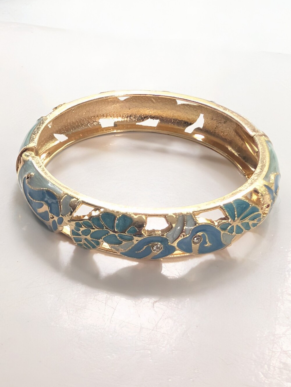 Vintage Gold Tone Blue Enamel Scrolling Floral Rhinestone Clamper Bracelet